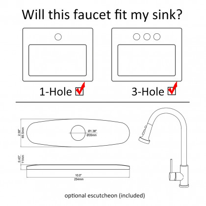 HMR - Commercial 3-Function Pull Down Kitchen Sink Faucet with Deck Plate in Black