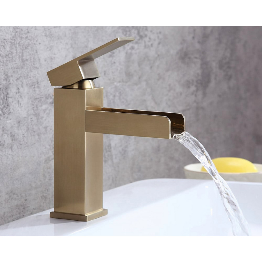 HMR Modern Single Handle 1-Hole Waterfall Bathroom Sink Faucet - Brushed Gold