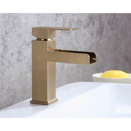 HMR Modern Single Handle 1-Hole Waterfall Bathroom Sink Faucet - Brushed Gold