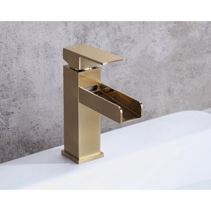 HMR Modern Single Handle 1-Hole Waterfall Bathroom Sink Faucet - Brushed Gold