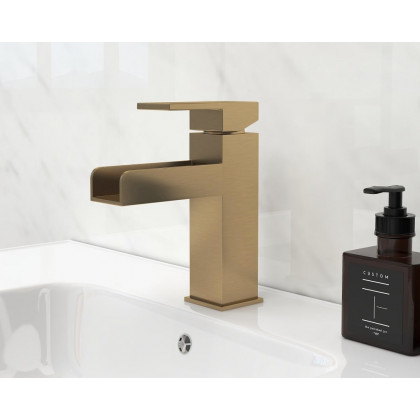 HMR Modern Single Handle 1-Hole Waterfall Bathroom Sink Faucet - Brushed Gold