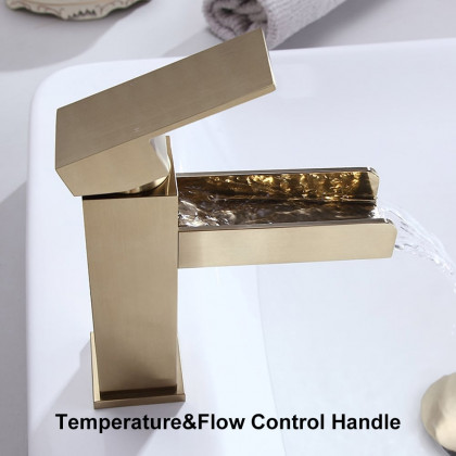 HMR Modern Single Handle 1-Hole Waterfall Bathroom Sink Faucet - Brushed Gold