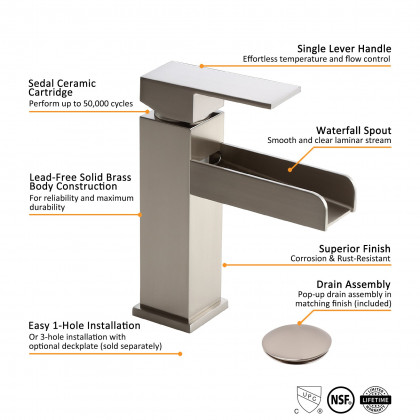 HMR - Modern Single Handle 1-Hole Waterfall Bathroom Sink Faucet
