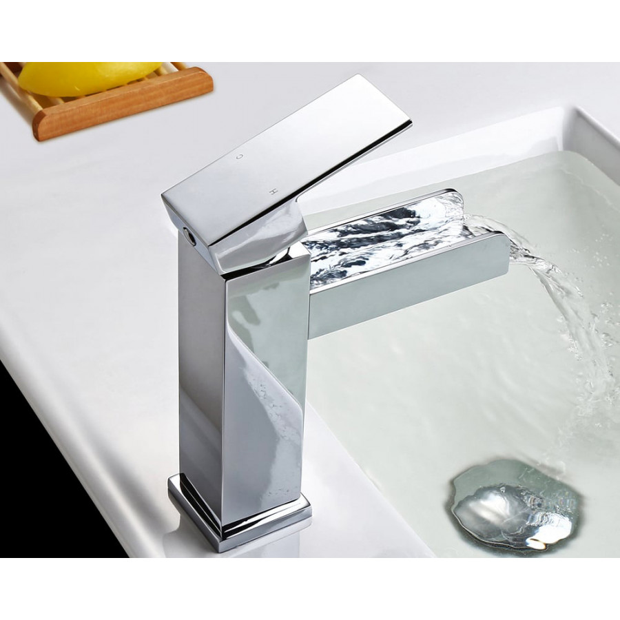 HMR Modern Single Handle 1-Hole Waterfall Bathroom Sink Faucet - Brushed Chrome