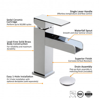 HMR Modern Single Handle 1-Hole Waterfall Bathroom Sink Faucet - Brushed Chrome