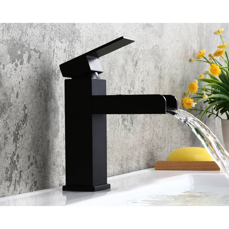 HMR Modern Single Handle 1-Hole Waterfall Bathroom Sink Faucet - Matte Black