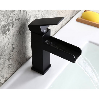 HMR Modern Single Handle 1-Hole Waterfall Bathroom Sink Faucet - Matte Black