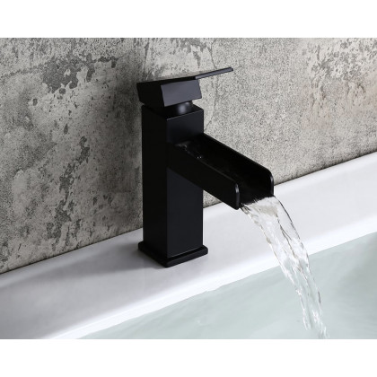HMR Modern Single Handle 1-Hole Waterfall Bathroom Sink Faucet - Matte Black