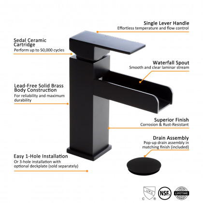 HMR Modern Single Handle 1-Hole Waterfall Bathroom Sink Faucet - Matte Black