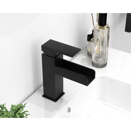 HMR Modern Single Handle 1-Hole Waterfall Bathroom Sink Faucet - Matte Black