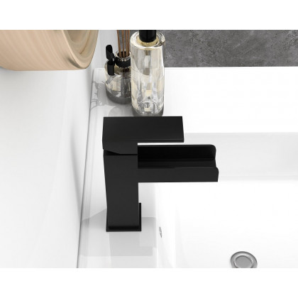 HMR Modern Single Handle 1-Hole Waterfall Bathroom Sink Faucet - Matte Black