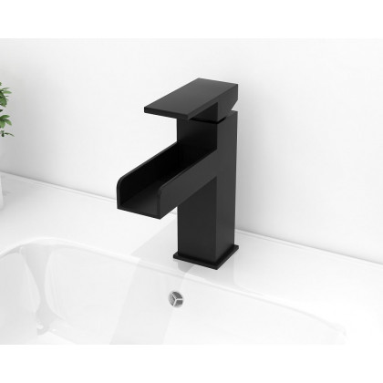 HMR Modern Single Handle 1-Hole Waterfall Bathroom Sink Faucet - Matte Black