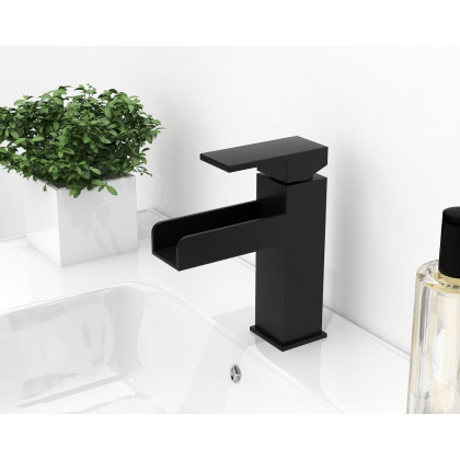 HMR Modern Single Handle 1-Hole Waterfall Bathroom Sink Faucet - Matte Black