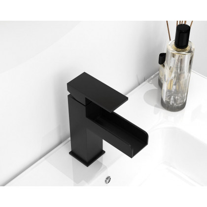 HMR Modern Single Handle 1-Hole Waterfall Bathroom Sink Faucet - Matte Black