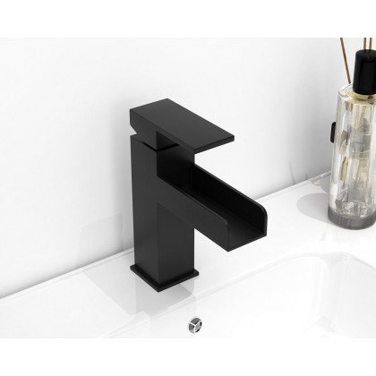 HMR Modern Single Handle 1-Hole Waterfall Bathroom Sink Faucet - Matte Black