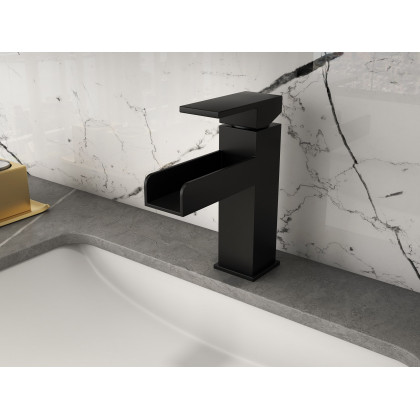 HMR Modern Single Handle 1-Hole Waterfall Bathroom Sink Faucet - Matte Black