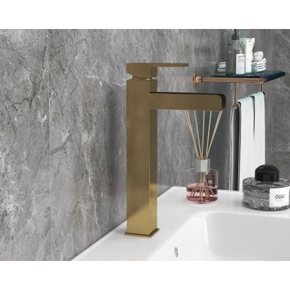HMR Modern Waterfall Bathroom Vessel Sink Faucet - Brushed Gold