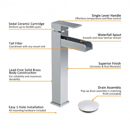 HMR - Modern Waterfall Bathroom Vessel Sink Faucet
