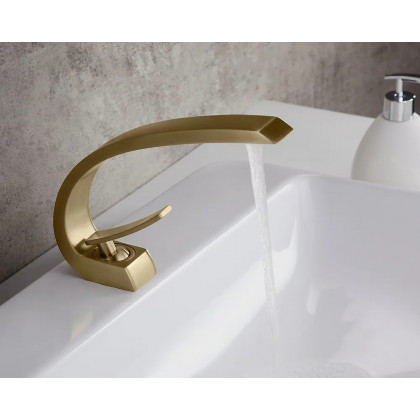 HMR - Modern 1-Handle C-Shaped Curved Spout Bathroom Sink Faucet with Pop Up Drain