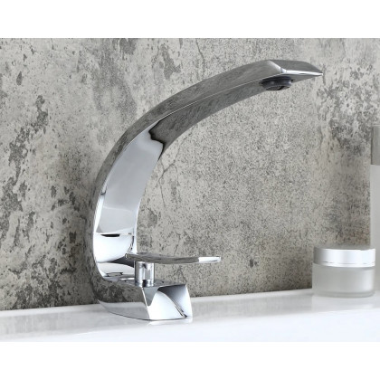 HMR Modern 1-Handle C-Shaped Curved Spout Bathroom Sink Faucet with Pop Up Drain - Polished Chrome