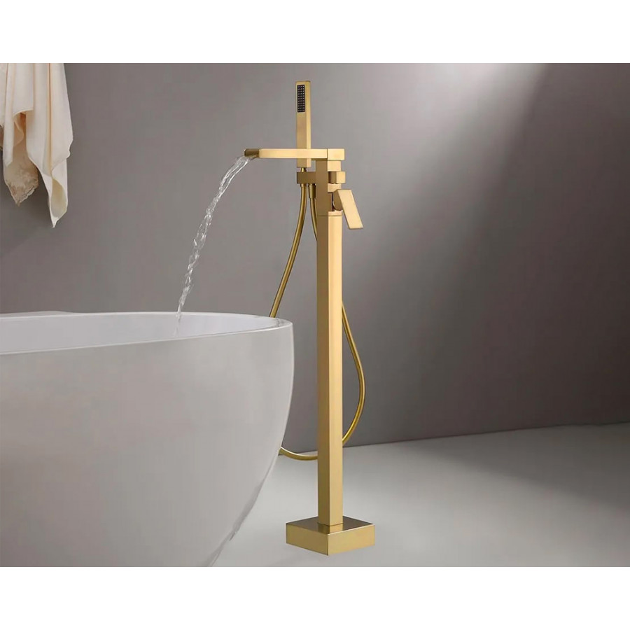 HMR Modern Waterfall Bathroom Tub Faucet with Handheld Spray - Brushed Gold