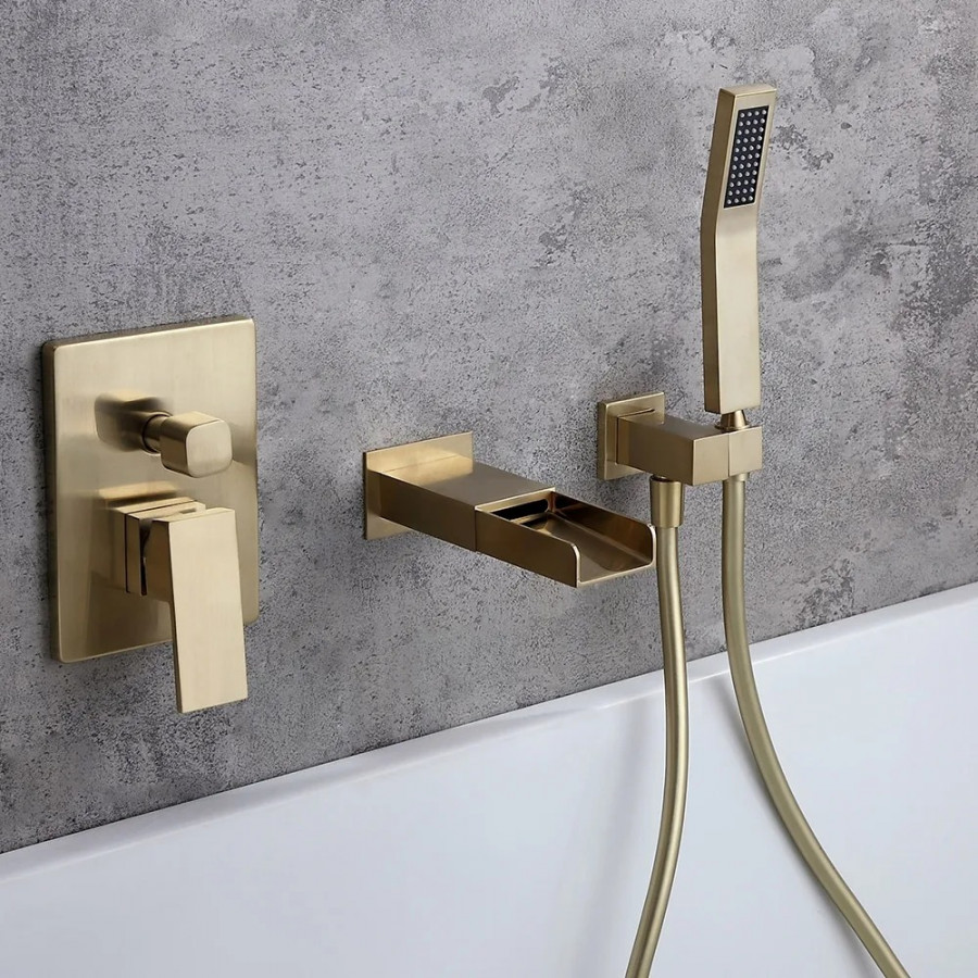 HMR Modern Waterfall Wall-Mount Bathtub Faucet with Handshower - Brushed Gold