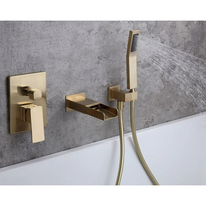 HMR Modern Waterfall Wall-Mount Bathtub Faucet with Handshower - Brushed Gold