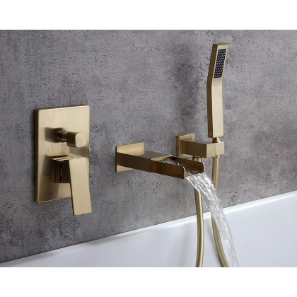 HMR Modern Waterfall Wall-Mount Bathtub Faucet with Handshower - Brushed Gold