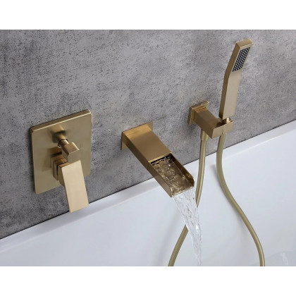 HMR Modern Waterfall Wall-Mount Bathtub Faucet with Handshower - Brushed Gold
