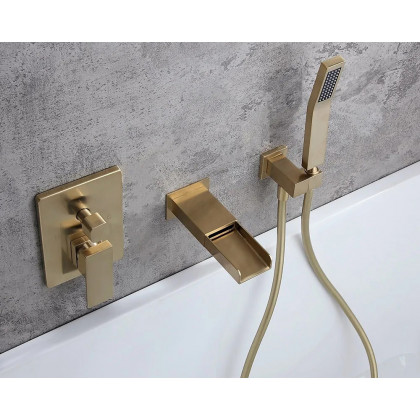 HMR Modern Waterfall Wall-Mount Bathtub Faucet with Handshower - Brushed Gold