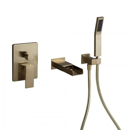 HMR Modern Waterfall Wall-Mount Bathtub Faucet with Handshower - Brushed Gold