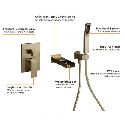 HMR Modern Waterfall Wall-Mount Bathtub Faucet with Handshower - Brushed Gold
