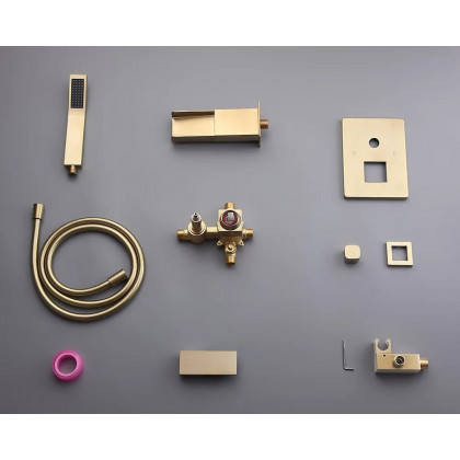 HMR Modern Waterfall Wall-Mount Bathtub Faucet with Handshower - Brushed Gold