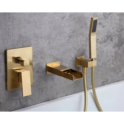 HMR Modern Waterfall Wall-Mount Bathtub Faucet with Handshower - Brushed Gold