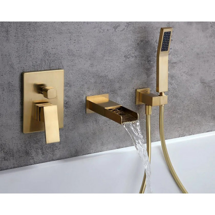 HMR Modern Waterfall Wall-Mount Bathtub Faucet with Handshower - Brushed Gold