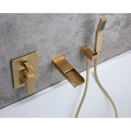 HMR Modern Waterfall Wall-Mount Bathtub Faucet with Handshower - Brushed Gold