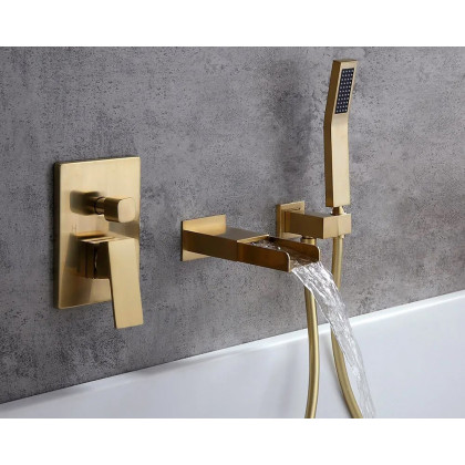 HMR Modern Waterfall Wall-Mount Bathtub Faucet with Handshower - Brushed Gold