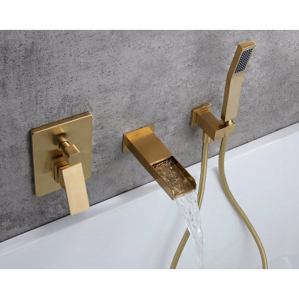 HMR Modern Waterfall Wall-Mount Bathtub Faucet with Handshower - Brushed Gold