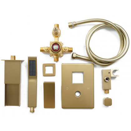 HMR Modern Waterfall Wall-Mount Bathtub Faucet with Handshower - Brushed Gold