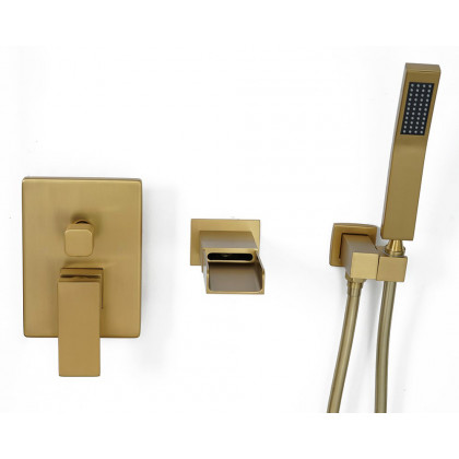 HMR Modern Waterfall Wall-Mount Bathtub Faucet with Handshower - Brushed Gold