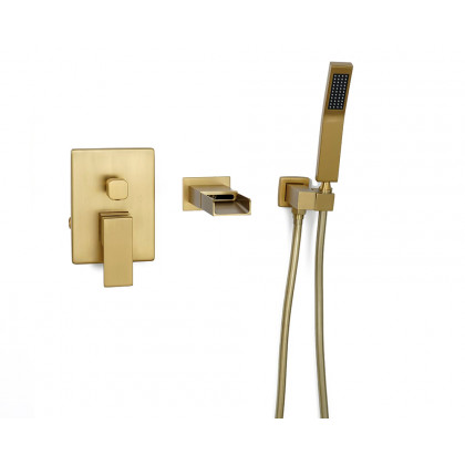 HMR Modern Waterfall Wall-Mount Bathtub Faucet with Handshower - Brushed Gold