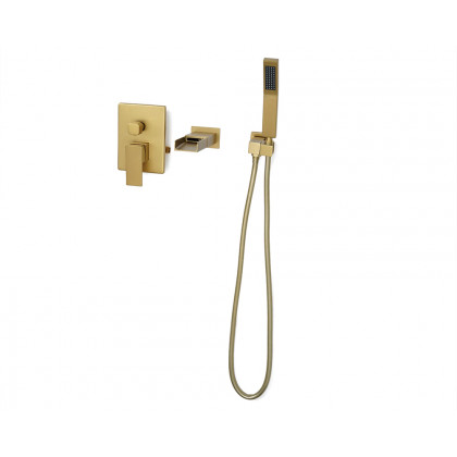 HMR Modern Waterfall Wall-Mount Bathtub Faucet with Handshower - Brushed Gold