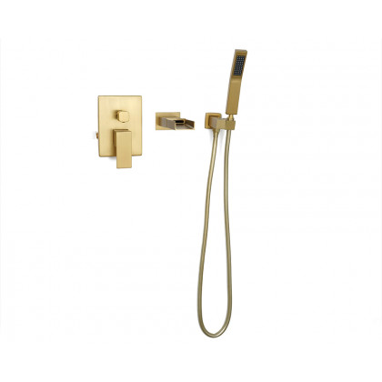 HMR Modern Waterfall Wall-Mount Bathtub Faucet with Handshower - Brushed Gold