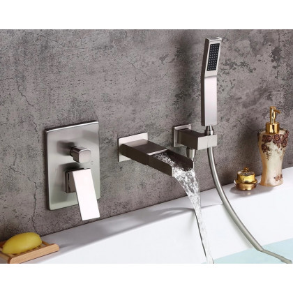 HMR Modern Waterfall Wall-Mount Bathtub Faucet with Handshower - Brushed Nickel