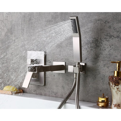 HMR Modern Waterfall Wall-Mount Bathtub Faucet with Handshower - Brushed Nickel