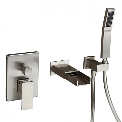 HMR Modern Waterfall Wall-Mount Bathtub Faucet with Handshower - Brushed Nickel