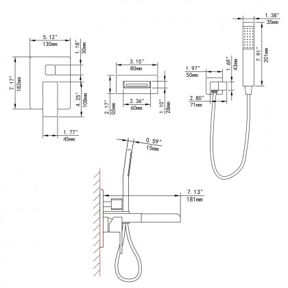 HMR Modern Waterfall Wall-Mount Bathtub Faucet with Handshower - Brushed Nickel
