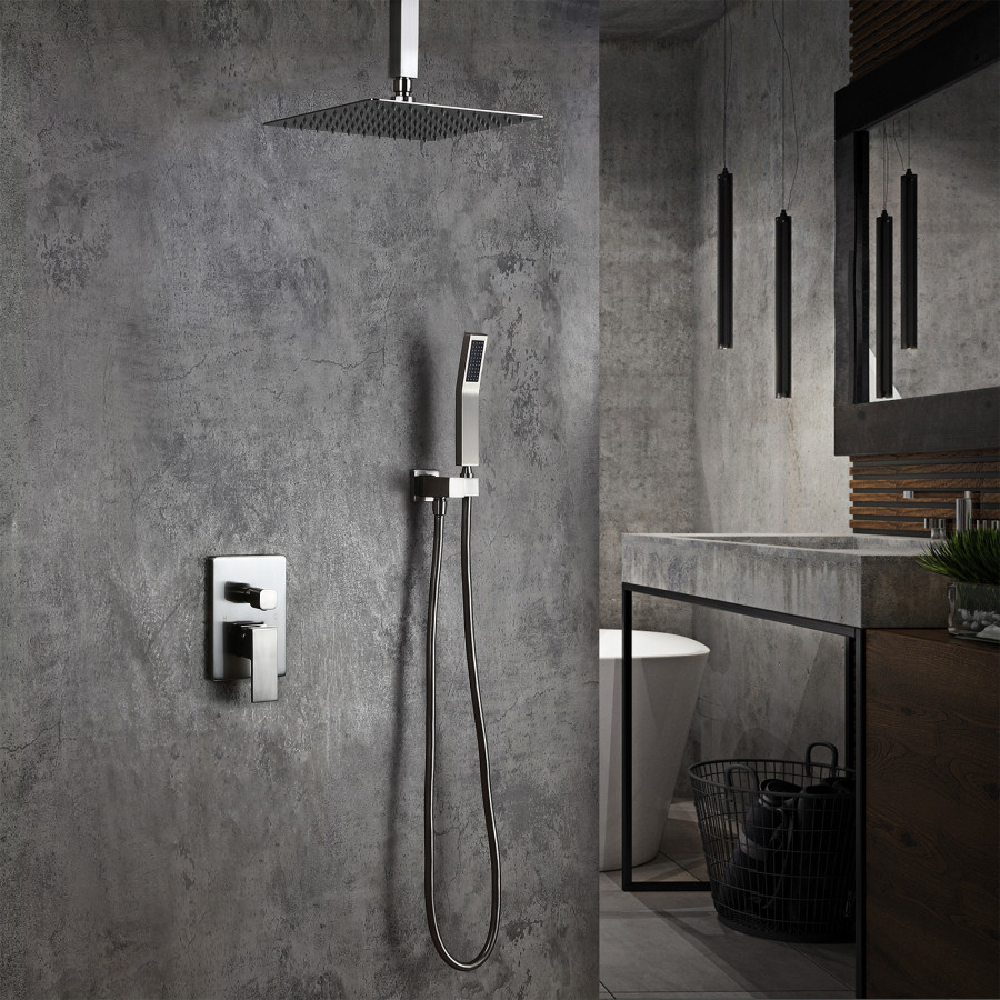 HMR - Ceiling Mount Shower System with Pressure Balance Valve and Trim in 12", Brushed Nickel