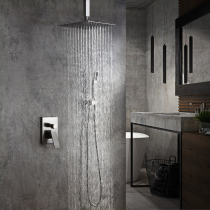 HMR - Ceiling Mount Shower System with Pressure Balance Valve and Trim in 12", Brushed Nickel