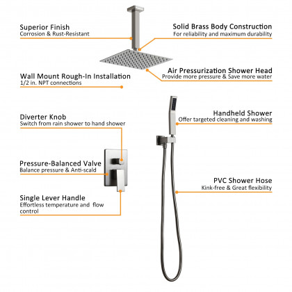 HMR - Ceiling Mount Shower System with Pressure Balance Valve and Trim in 12", Brushed Nickel